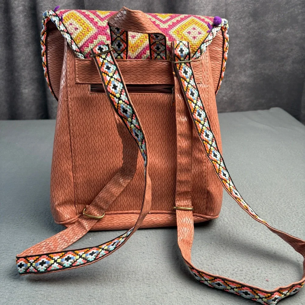 Boho Mini Backpack Terracotta Faux Leather Woven Geometric Pom Pom Trim Pink